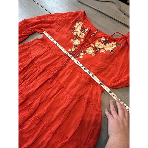 FREE PEOPLE Poppy Red Spell on You Embroidered Mini Peasant Boho Dress Sz XS - Picture 10 of 14